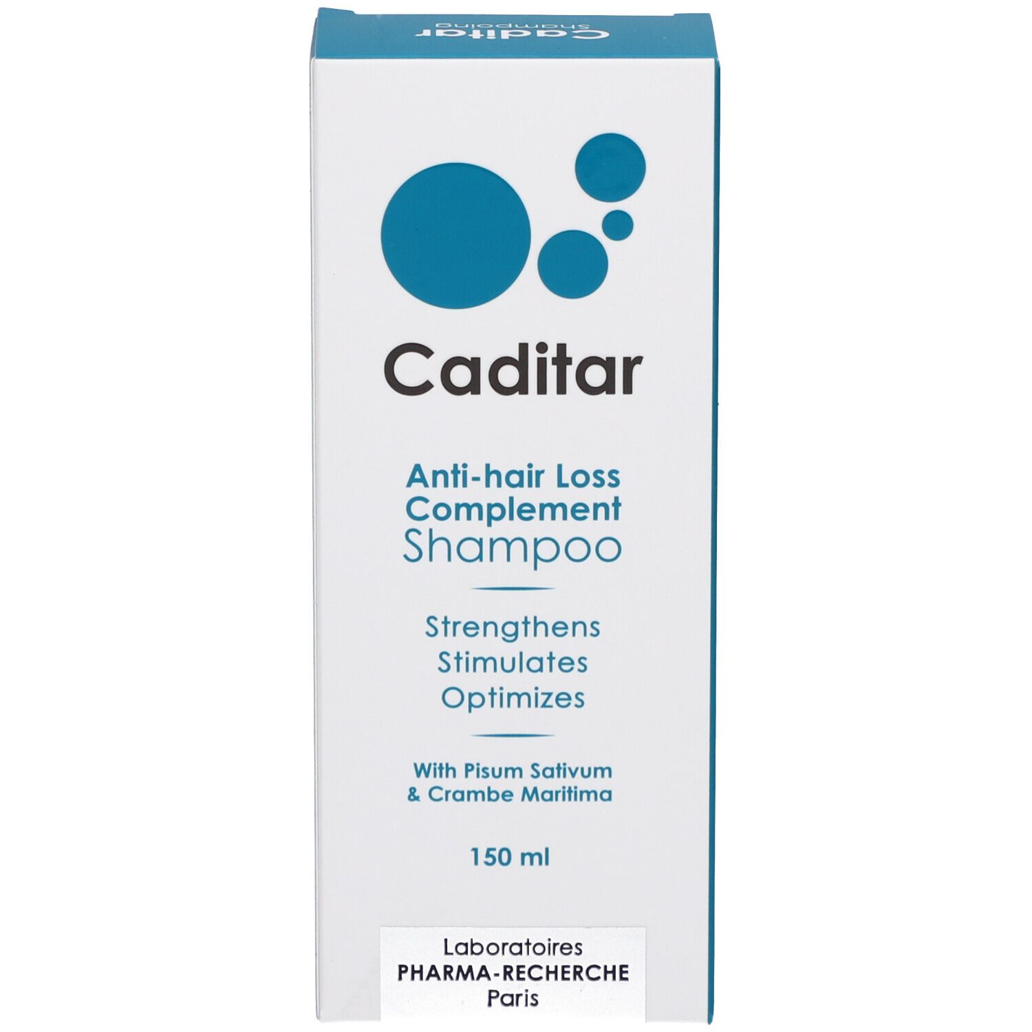 Productverpakking, voorkant. Tekst: Caditar, Anti-haaruitval shampoo. Bevat Pisum Sativum en Crambe Maritima. 150 ml.