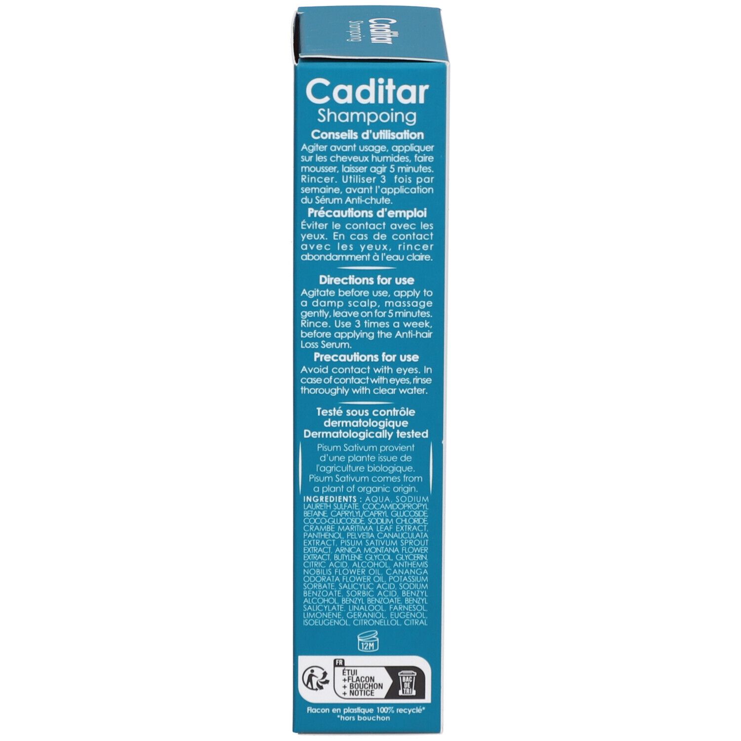 Productverpakking, zijaanzicht. Tekst: Caditar Shampooing. Gebruiksaanwijzing en voorzorgsmaatregelen. Dermatologisch getest.