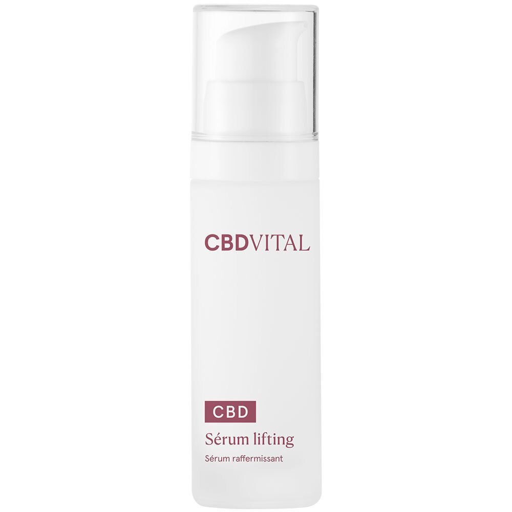Sérum blanc avec pompe. Inscription CBDVITAL et CBD Sérum lifting. Bouchon transparent.