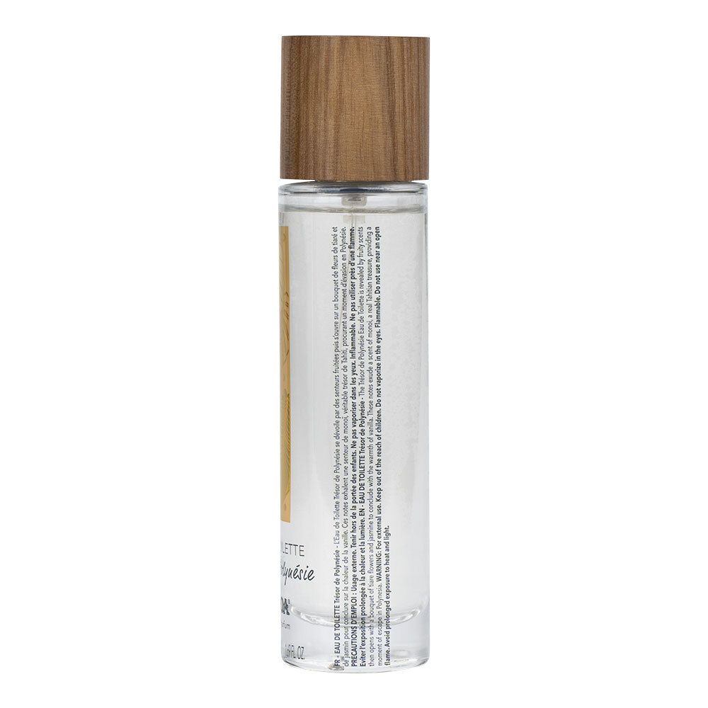 Dos du flacon. Texte. Flacon en verre transparent avec bouchon en bois.