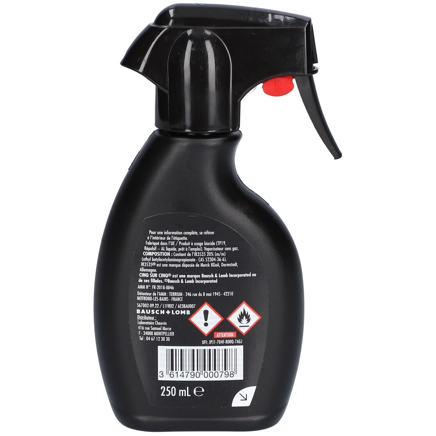Dos d'un flacon spray noir. Texte en français. Avertissements et informations. Volume: 250 ml.