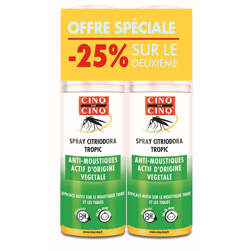 Twee sprays CINQ SUR CINQ. Spray Citriodora Tropic, Anti-moustiques, Actif d'Origine Végétale. Speciale aanbieding -25% op de tweede.