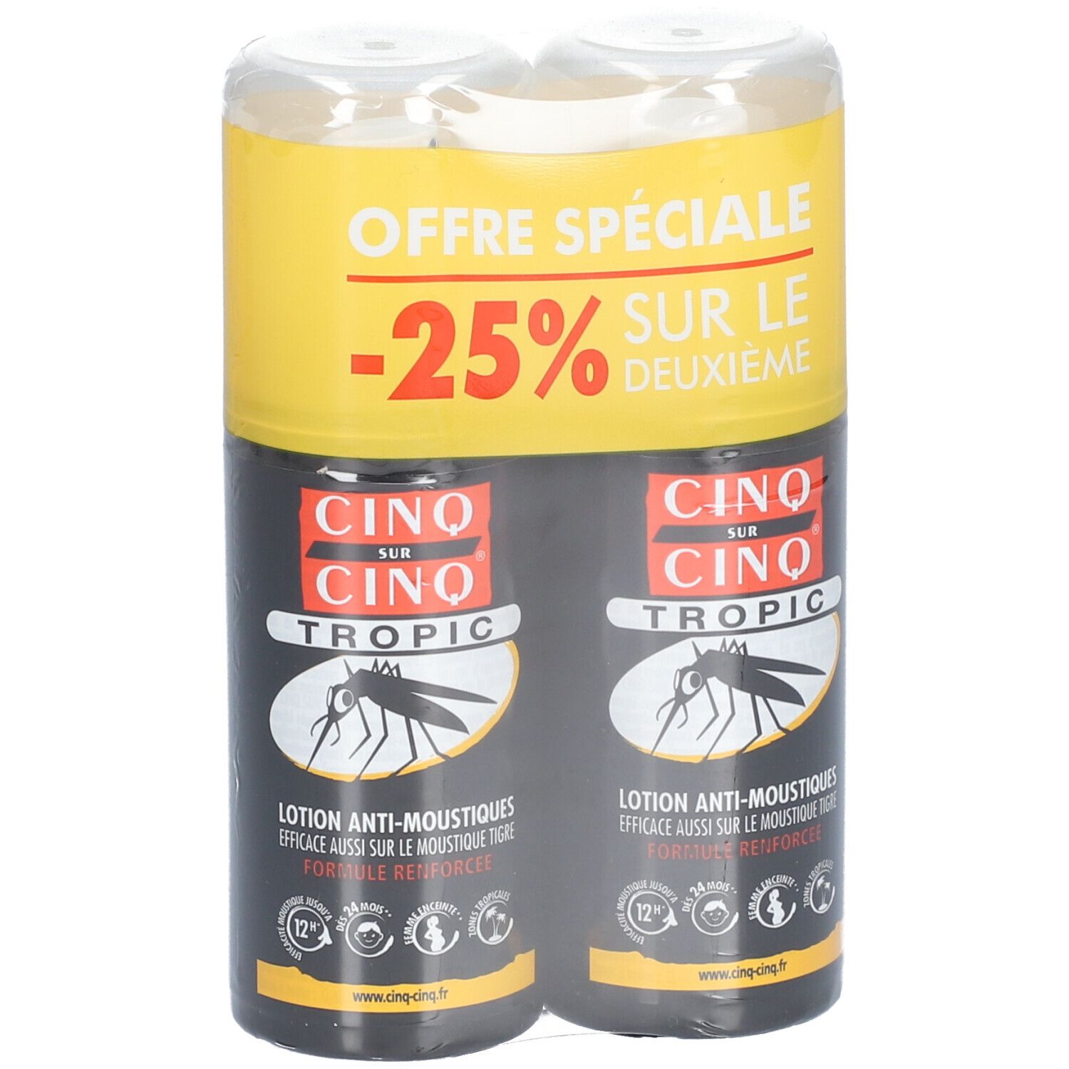 Lot de deux lotions anti-moustiques. Flacons noirs avec couvercles jaunes. Offre spéciale -25% sur le deuxième.