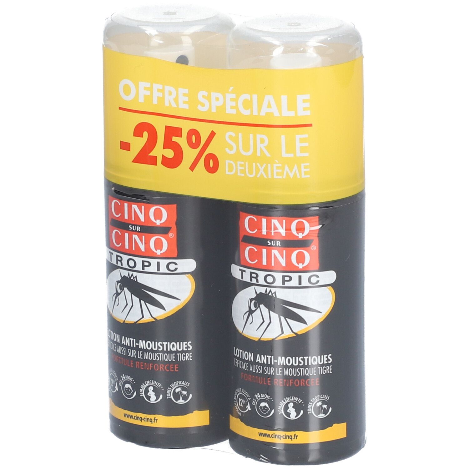 Lot de deux lotions anti-moustiques. Flacons noirs avec couvercles jaunes. Offre spéciale -25% sur le deuxième.