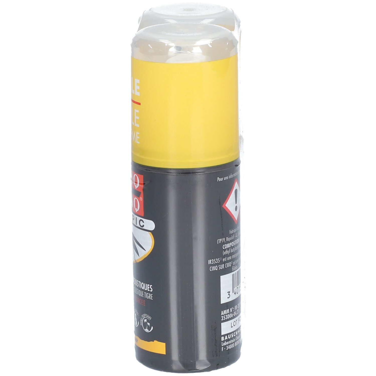 Flacon de lotion anti-moustiques noir avec bouchon jaune. Informations et avertissements sur le côté. Emballage transparent.