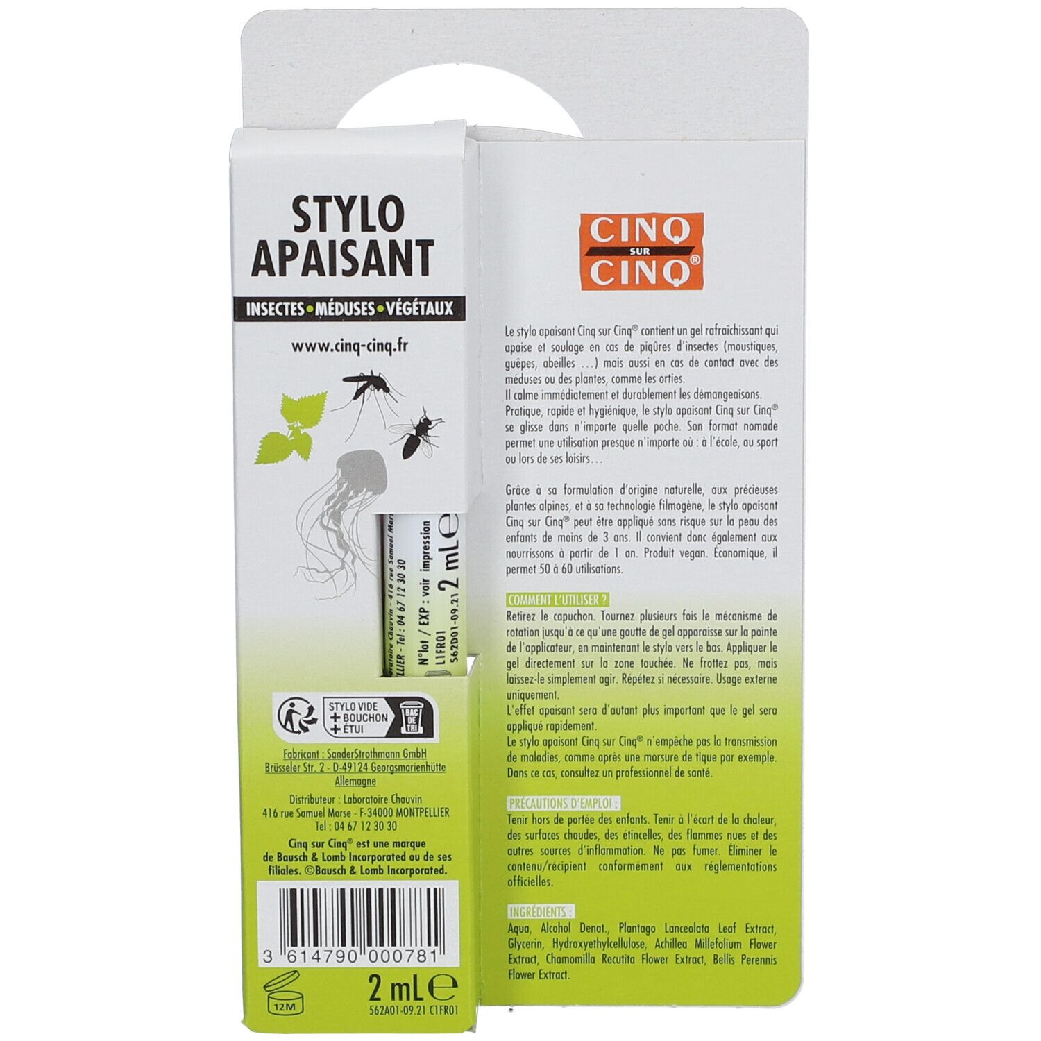 Achterkant van de verpakking. Opschrift: STYLO APAISANT, 2 ml. Merk: CINQ SUR CINQ. Illustratie: insecten, kwal, planten.