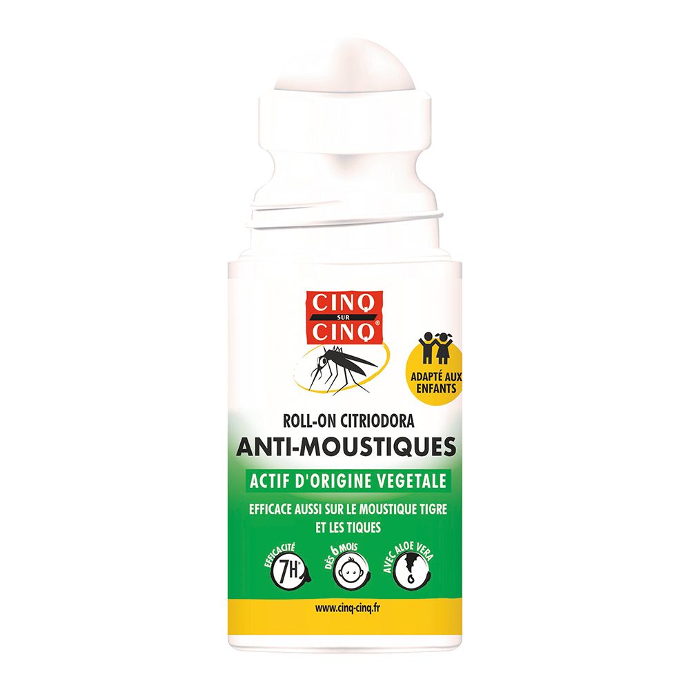 Flacon roll-on blanc. Inscription: CINQ SUR CINQ, Anti-Moustiques, ACTIF D'ORIGINE VÉGÉTALE. Adapté aux enfants.