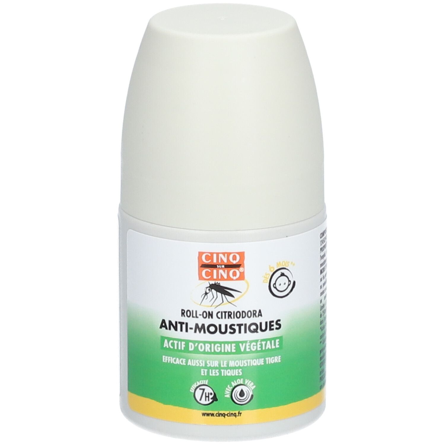 Flacon roll-on blanc. Inscription: CINQ SUR CINQ, Anti-Moustiques, ACTIF D'ORIGINE VÉGÉTALE. Avec Aloe Vera.