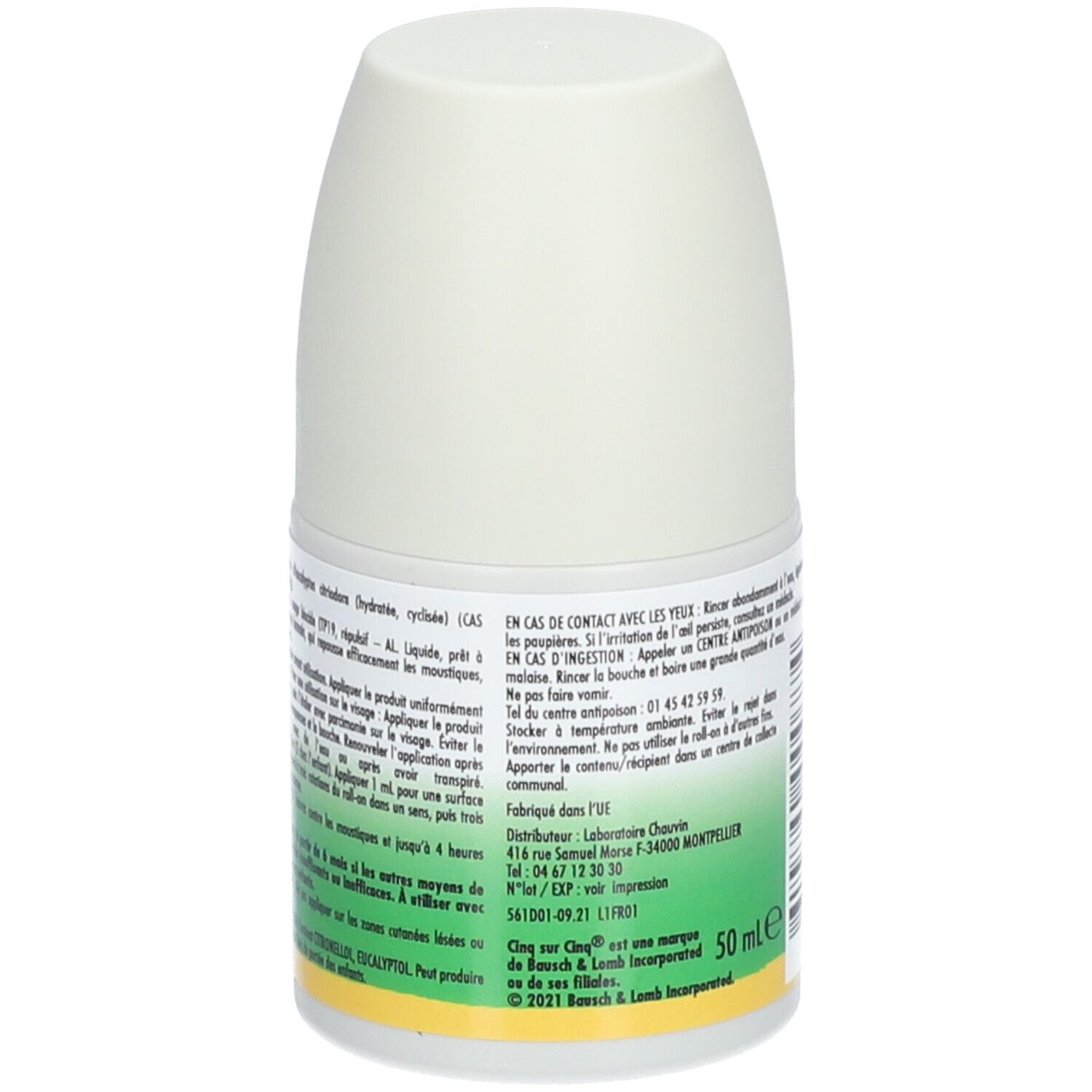 Dos d'un flacon roll-on blanc. Inscription: CINQ SUR CINQ, Anti-Moustiques, ACTIF D'ORIGINE VÉGÉTALE. 50 ml.