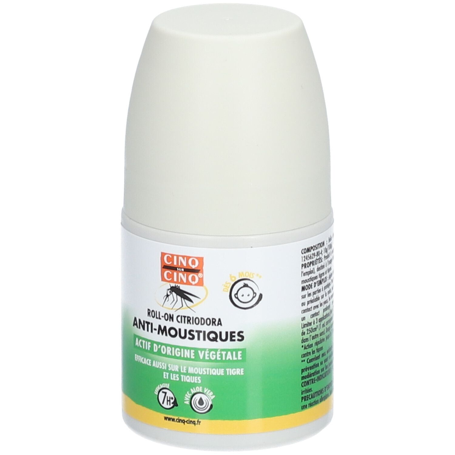 Flacon roll-on blanc. Inscription: CINQ SUR CINQ, Anti-Moustiques, ACTIF D'ORIGINE VÉGÉTALE. Avec Aloe Vera.