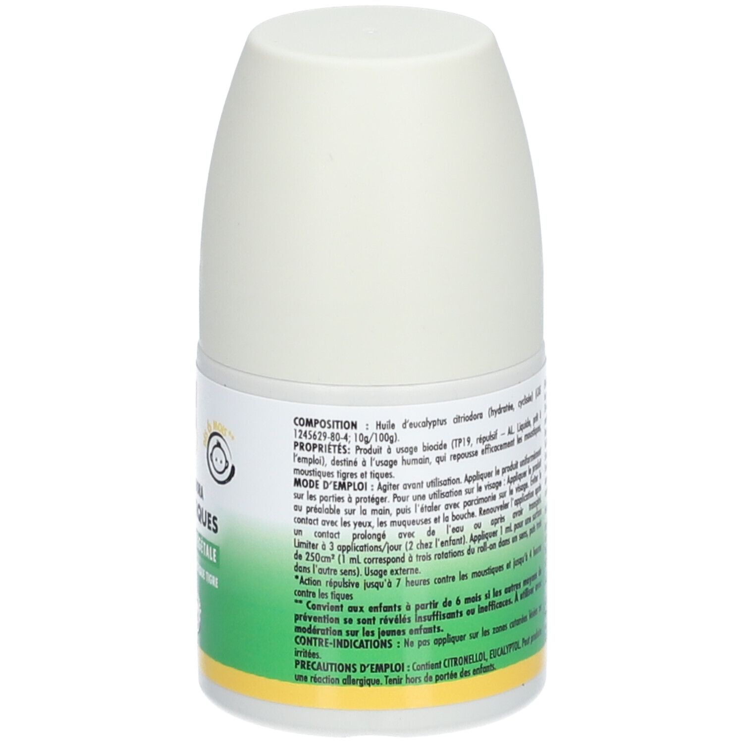 Dos d'un flacon roll-on blanc. Inscription: CINQ SUR CINQ, Anti-Moustiques, ACTIF D'ORIGINE VÉGÉTALE. 50 ml.