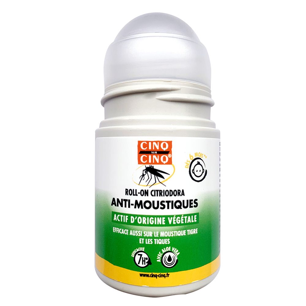 Flacon roll-on blanc. Inscription: CINQ SUR CINQ, Anti-Moustiques, ACTIF D'ORIGINE VÉGÉTALE. Avec Aloe Vera.