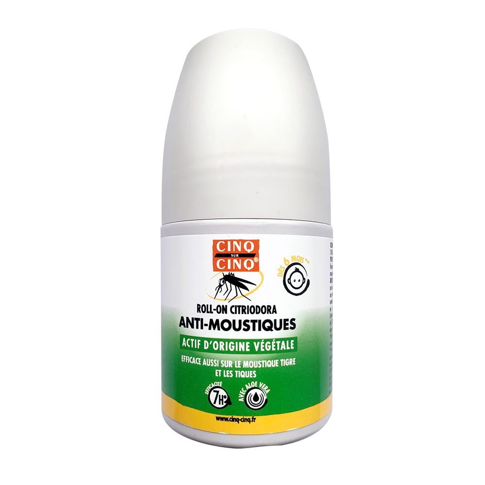 Flacon roll-on blanc. Inscription: CINQ SUR CINQ, Anti-Moustiques, ACTIF D'ORIGINE VÉGÉTALE. Efficace contre les moustiques tigres.
