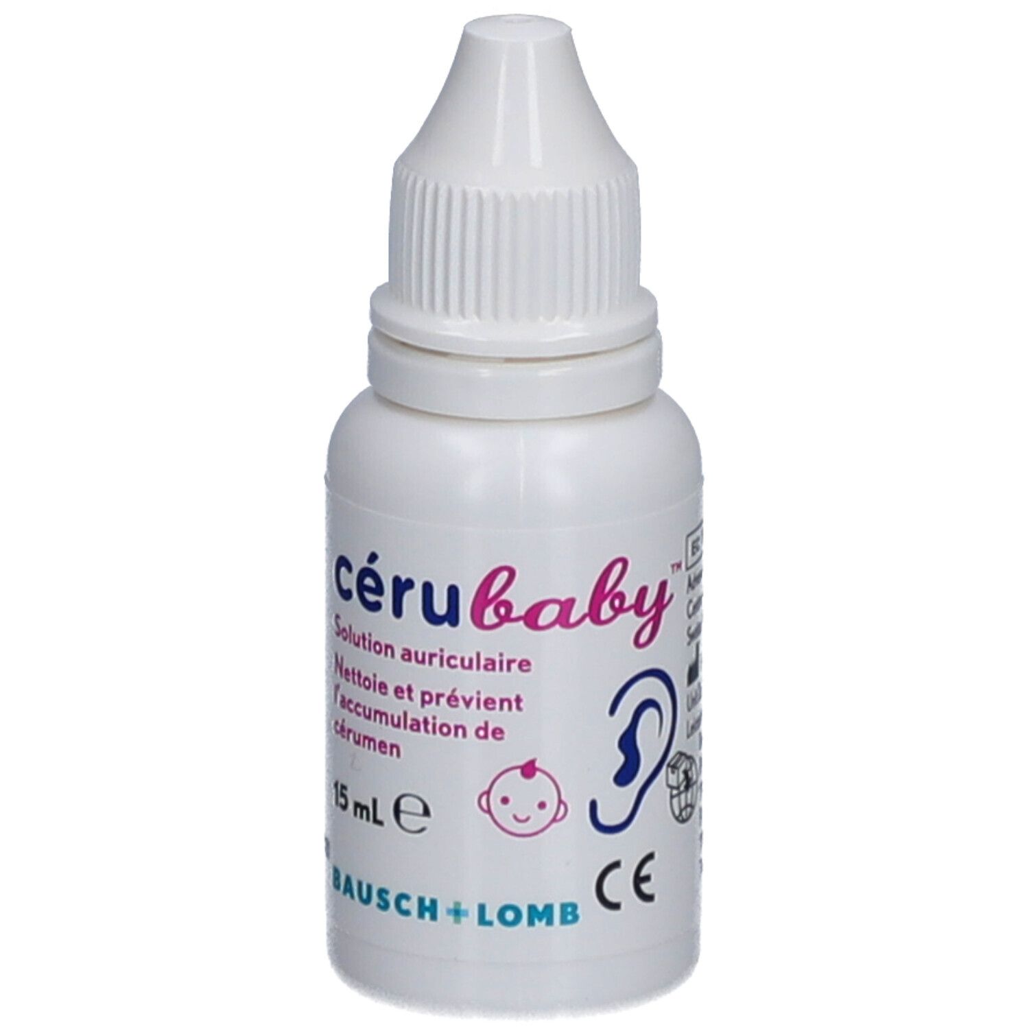 Witte fles met druppelaar. Opschrift: cérubaby, oorhygiëne oplossing. 15 ml. Bausch + Lomb. CE-markering.