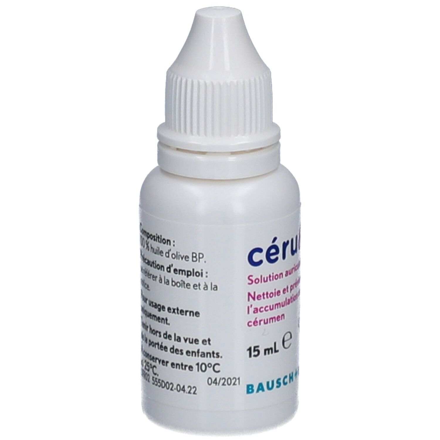 Witte fles met druppelaar. Opschrift: cérubaby, oorhygiëne oplossing. 15 ml. Bausch + Lomb. Met informatie.