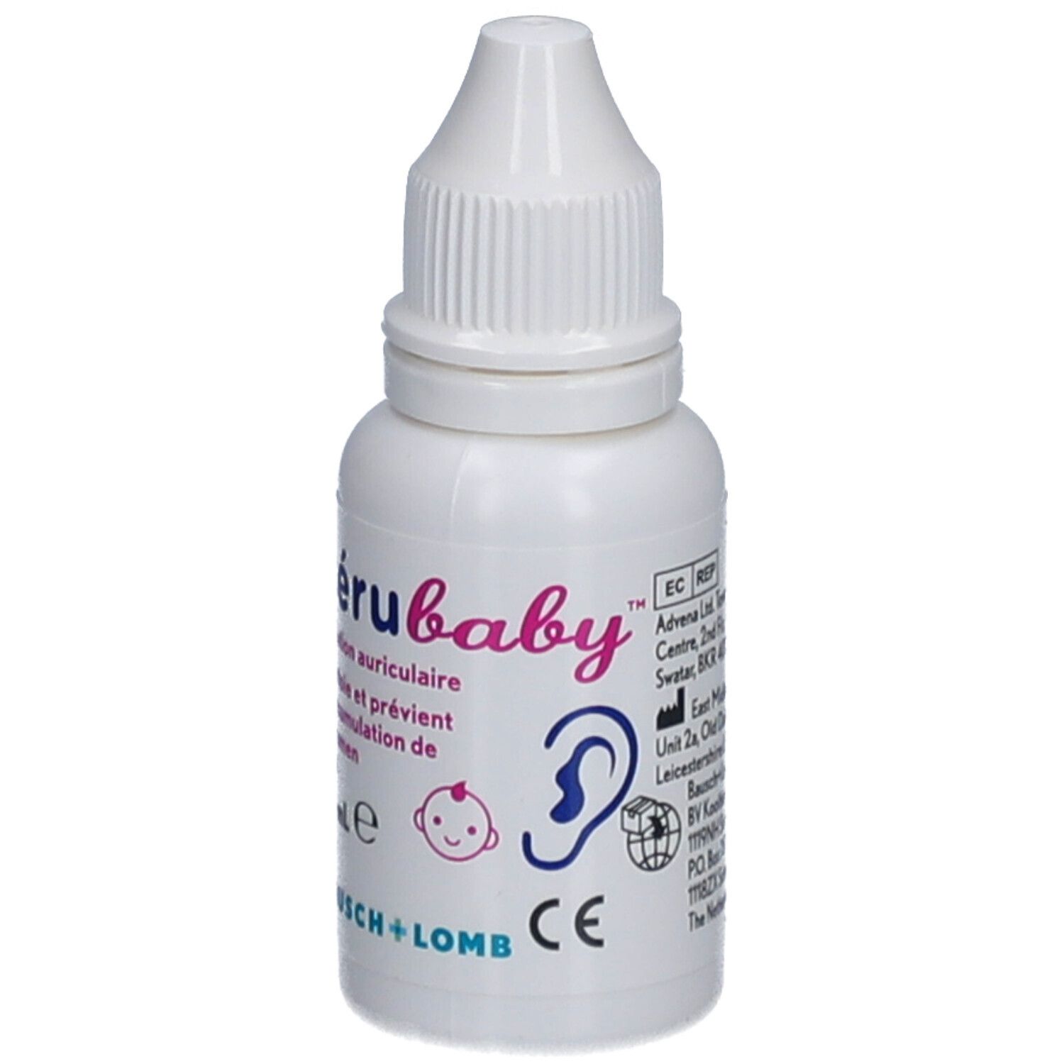 Witte fles met druppelaar. Opschrift: cérubaby, oorhygiëne oplossing. 15 ml. Bausch + Lomb. CE-markering.