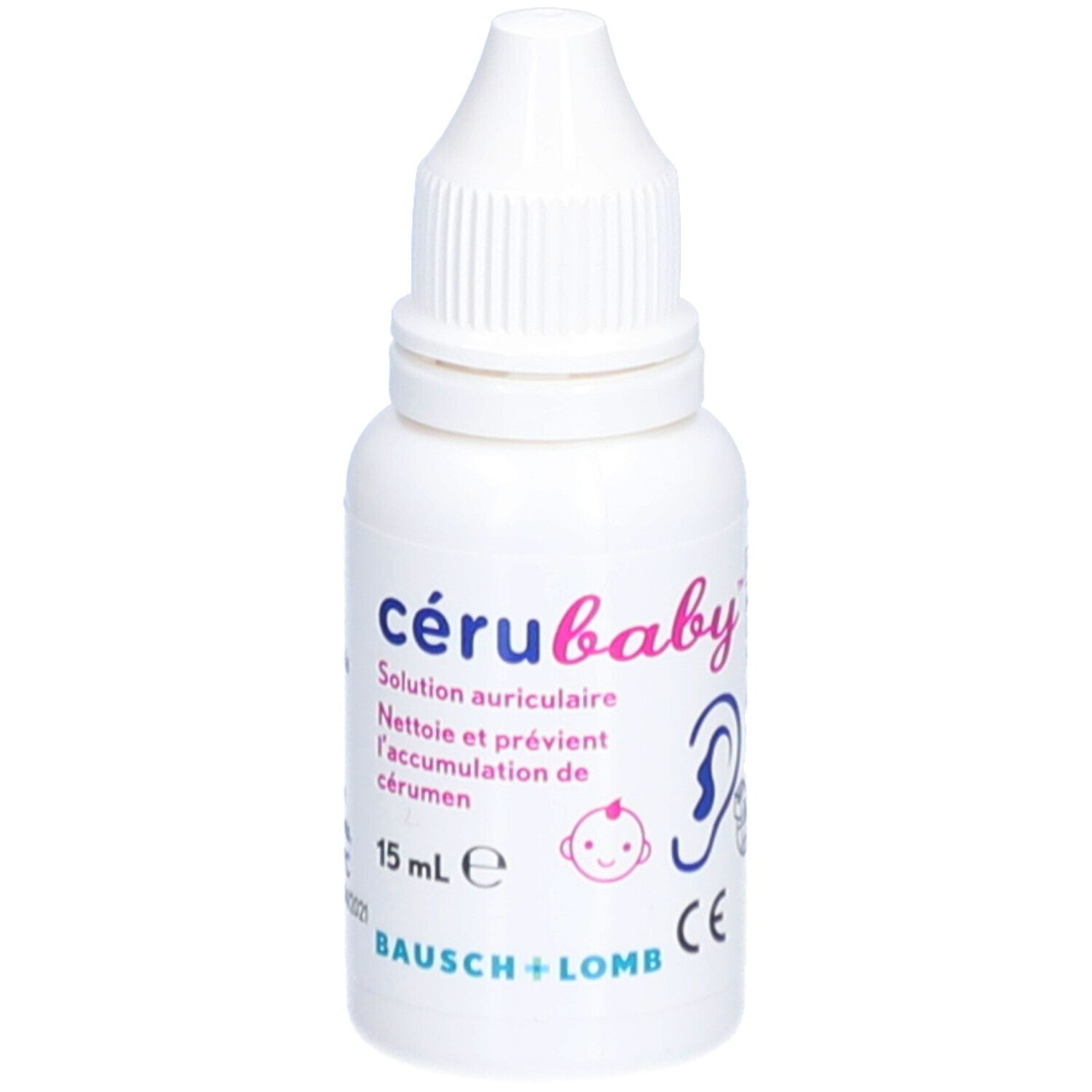 Witte fles met druppelaar. Opschrift: cérubaby, oorhygiëne oplossing. 15 ml. Bausch + Lomb. CE-markering.