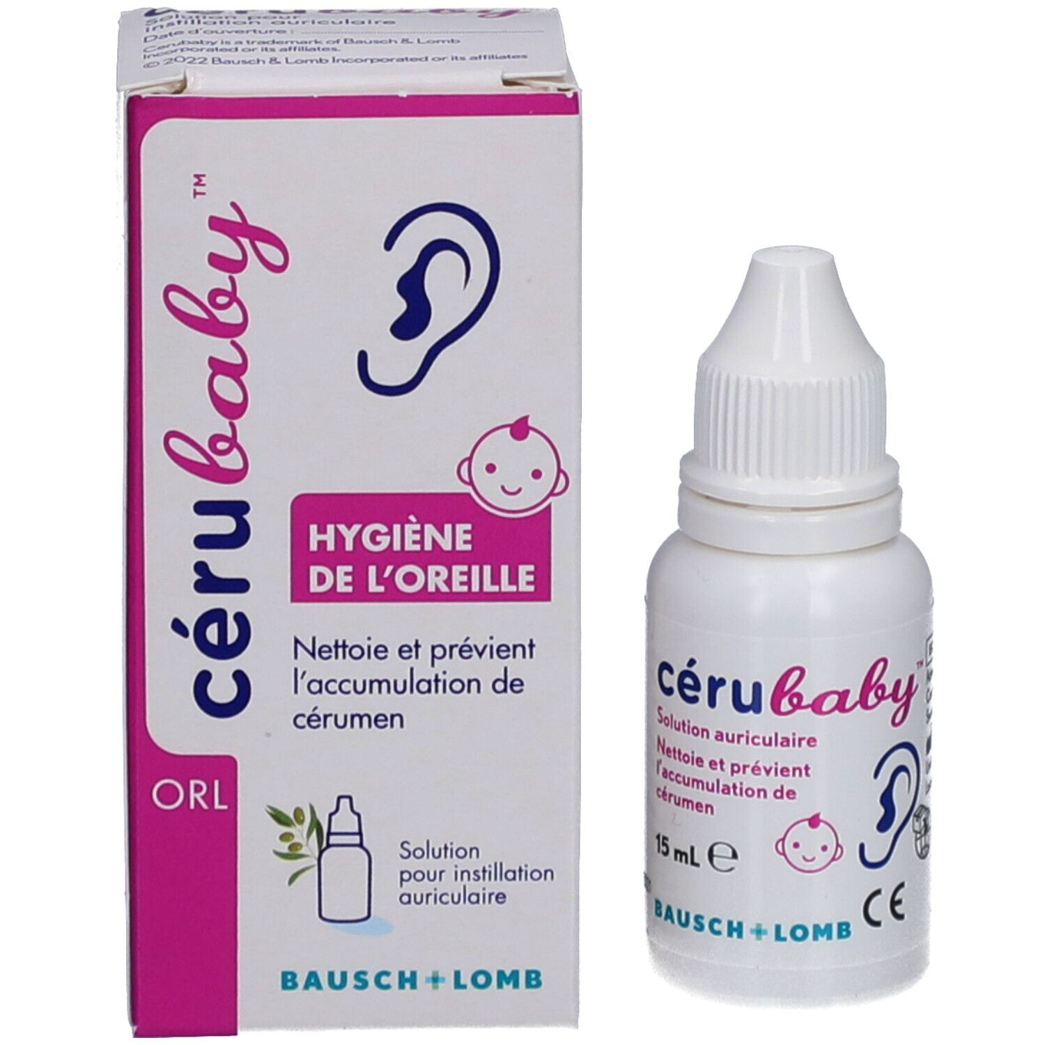 Productverpakking en fles. Opschrift: cérubaby, oorhygiëne. Bevat een fles met druppelaar en een doos.