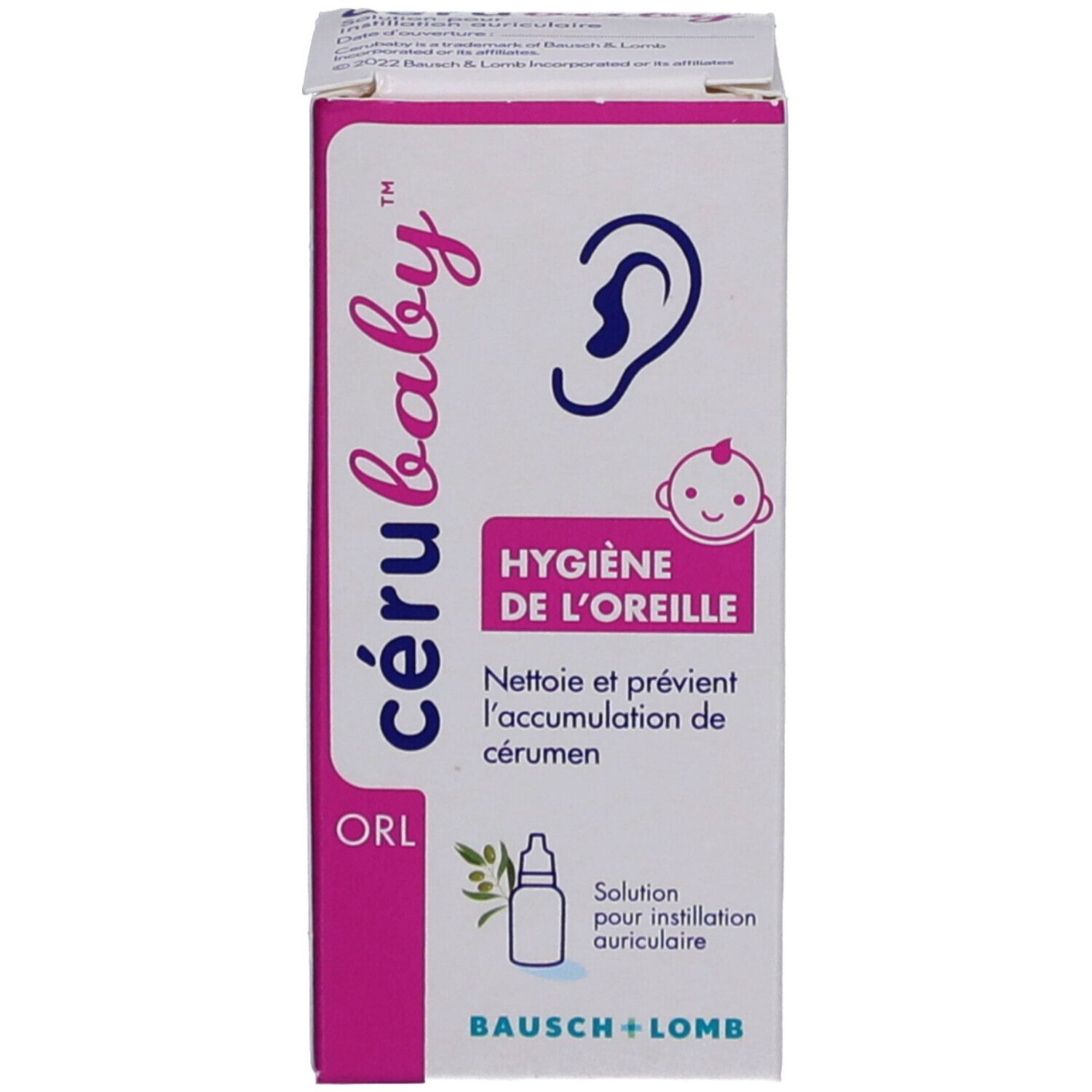 Productverpakking. Opschrift: cérubaby, oorhygiëne. Bevat een afbeelding van een flesje.