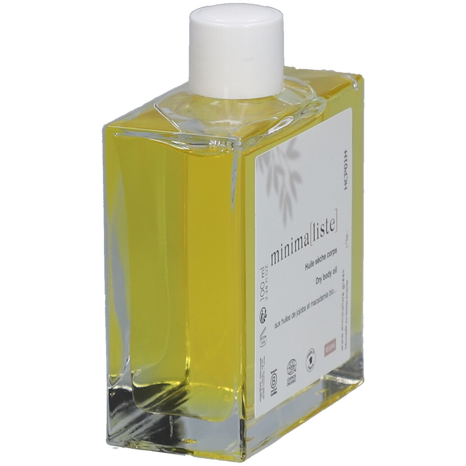 Glazen fles met gele olie en witte dop. Etiket met productnaam en informatie. Schuine weergave.