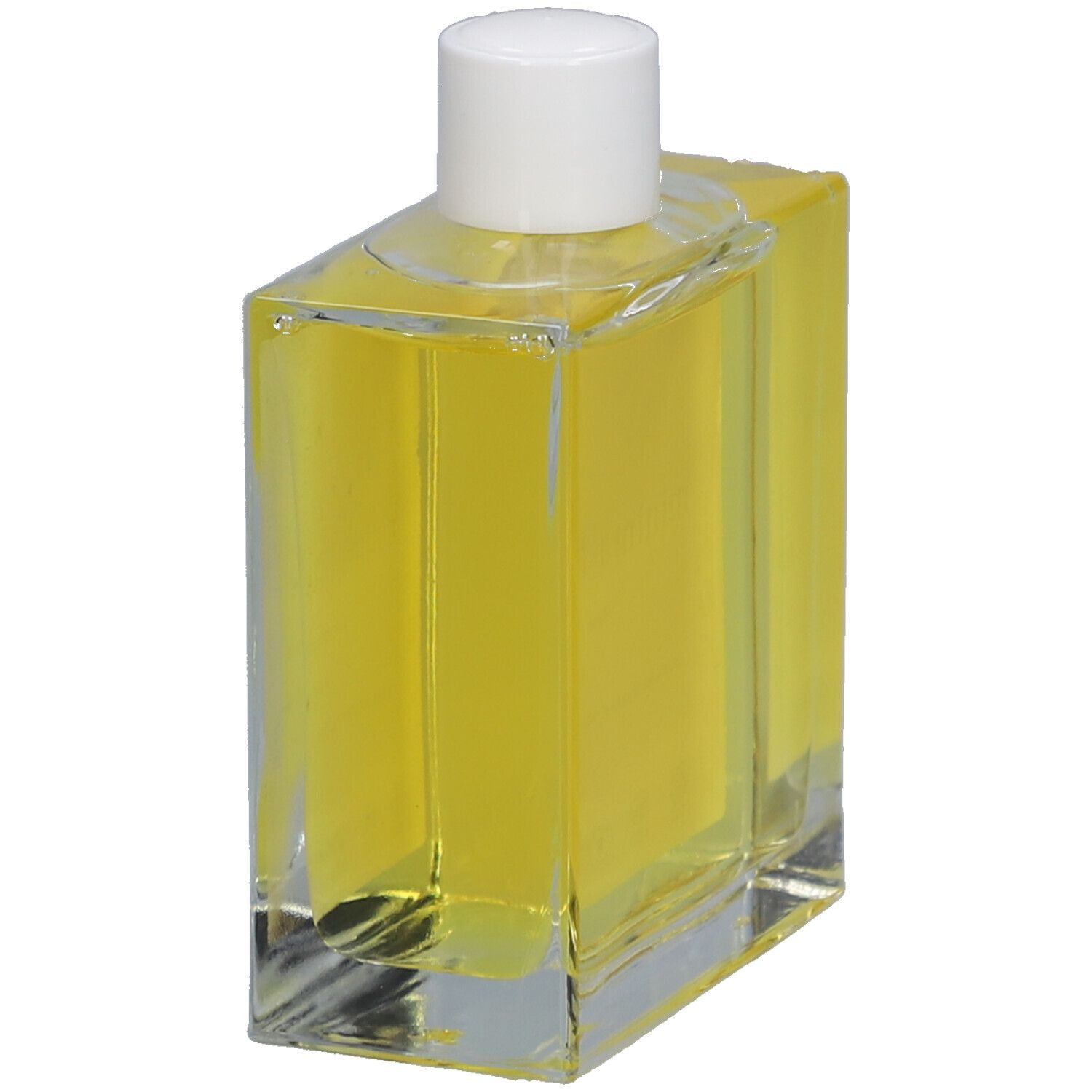 Glazen fles met gele olie en witte dop. Schuine weergave. Etiket met productnaam en informatie.