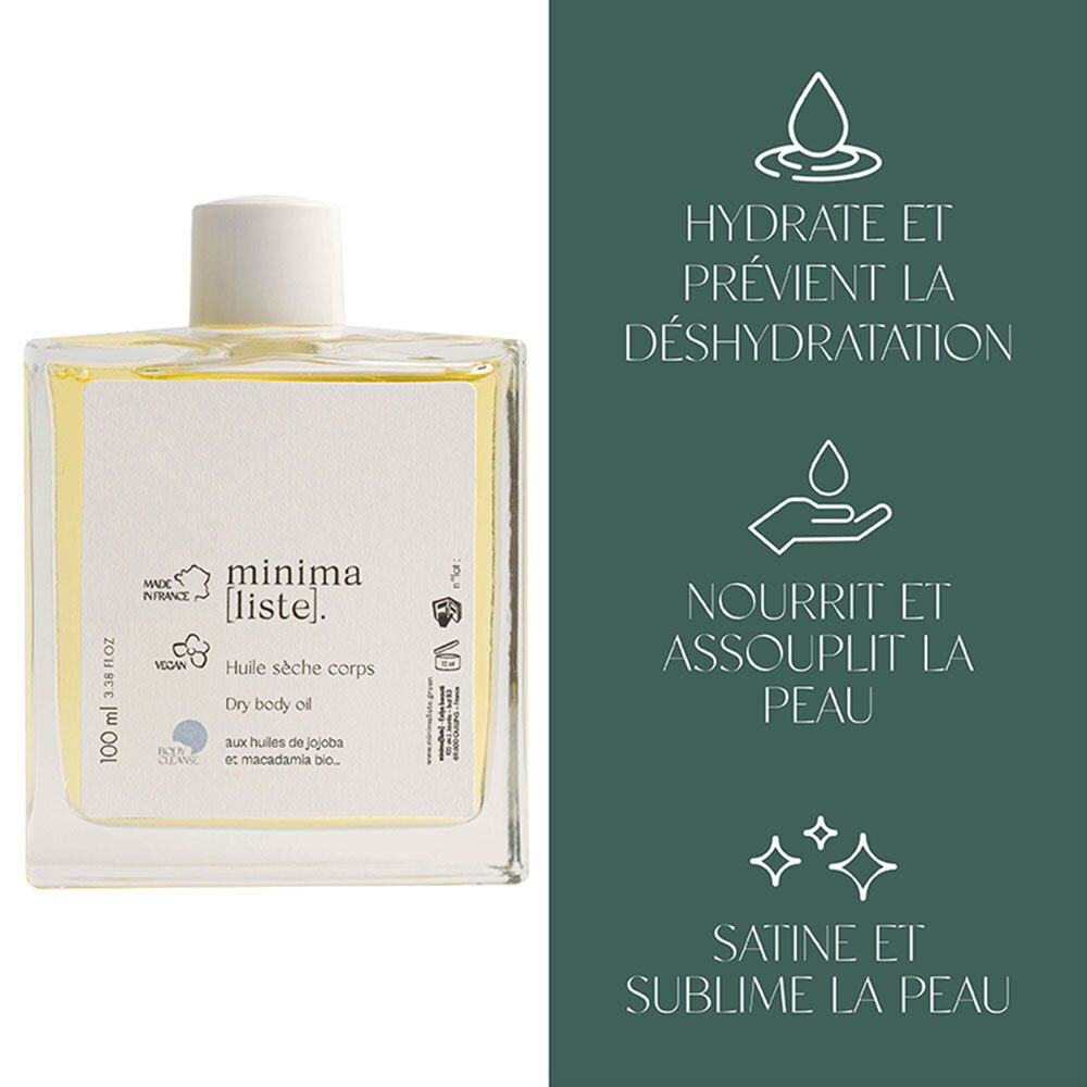 Flacon en verre avec bouchon blanc. Inscription 'minima[liste]' et 'Huile sèche corps'. Texte sur fond vert.