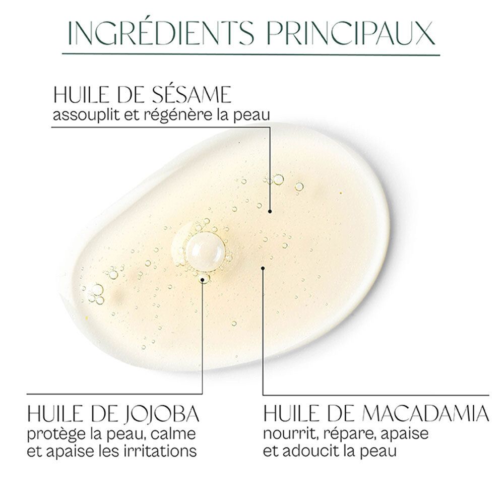 Gros plan sur de l'huile avec trois ingrédients principaux : huile de sésame, huile de jojoba et huile de macadamia. Légendes.