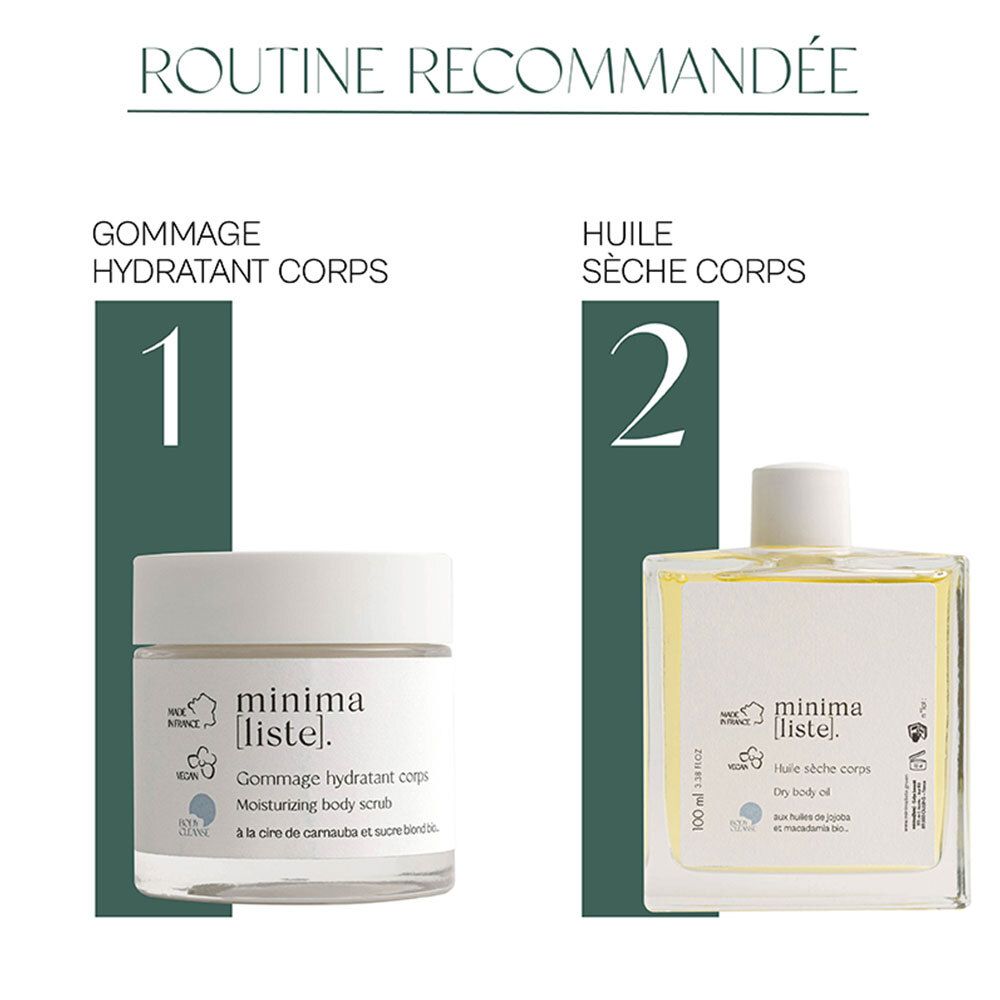 Deux produits côte à côte : gommage corps et huile sèche. Tous deux avec le nom 'minima[liste]' et 'Huile sèche corps'.