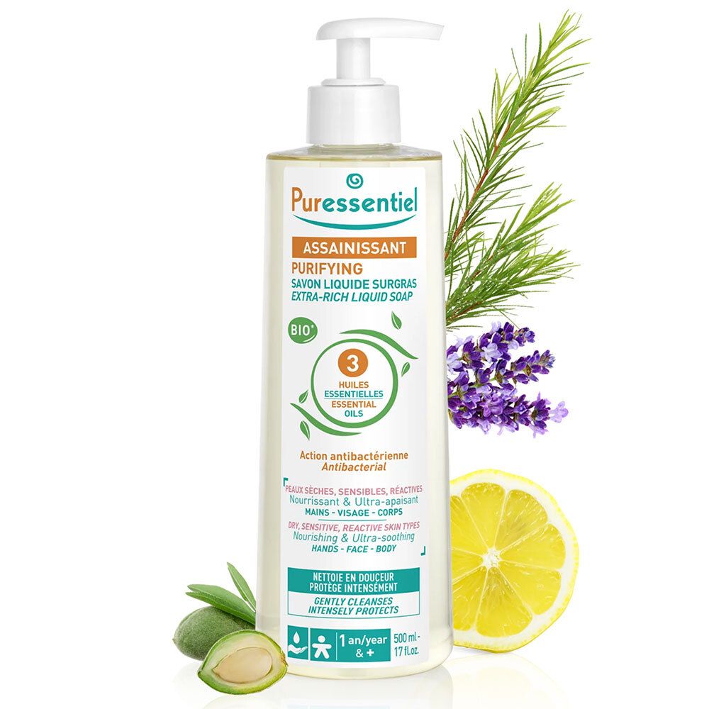 Savon liquide surgras avec pompe. Inscription: ASSAINISSANT, PURIFYING. Certifié BIO. 3 huiles essentielles. Décoration.
