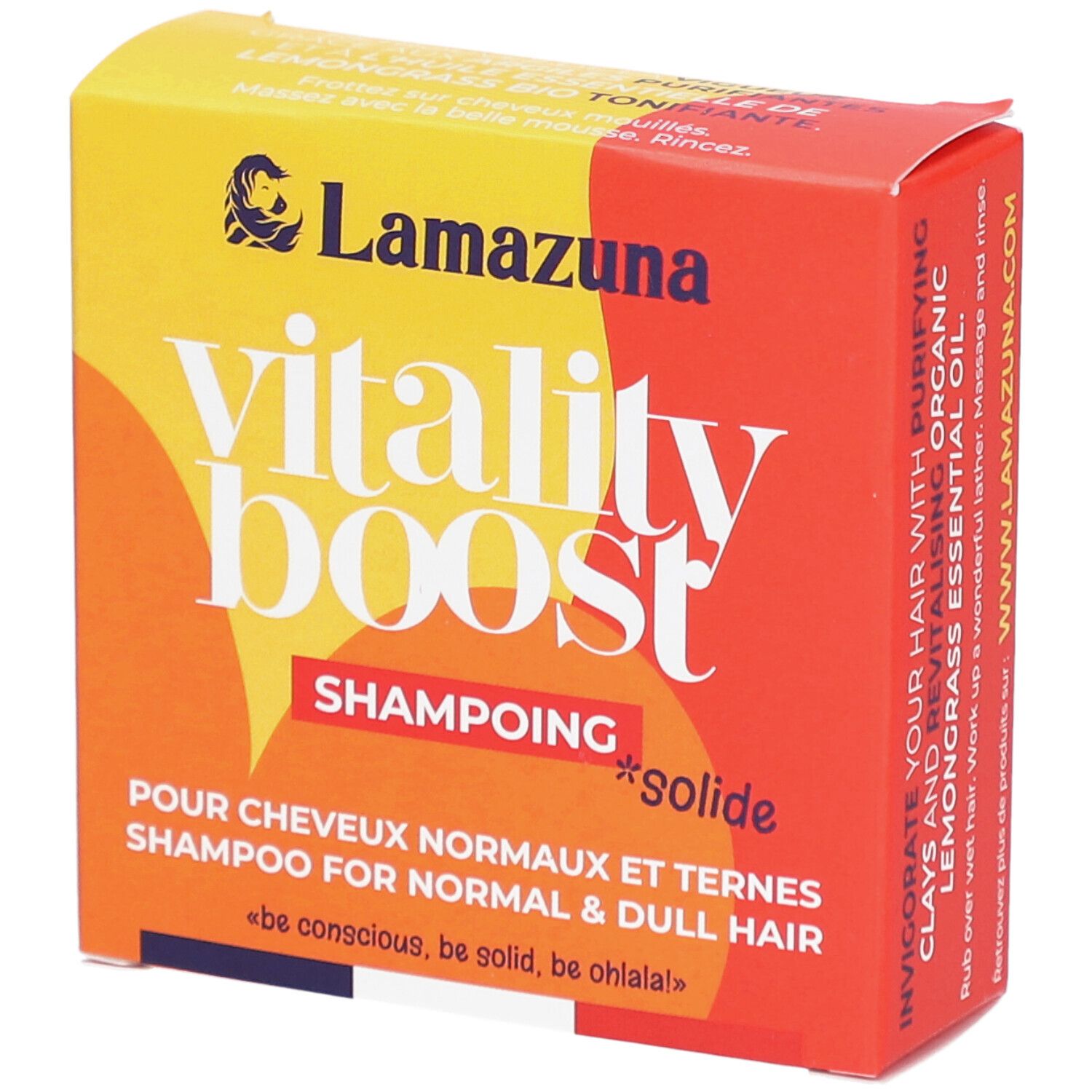 Gele en rode doos. Opschrift: vitality boost, Shampoing solide. Voor normaal en dof haar. Merk: Lamazuna.