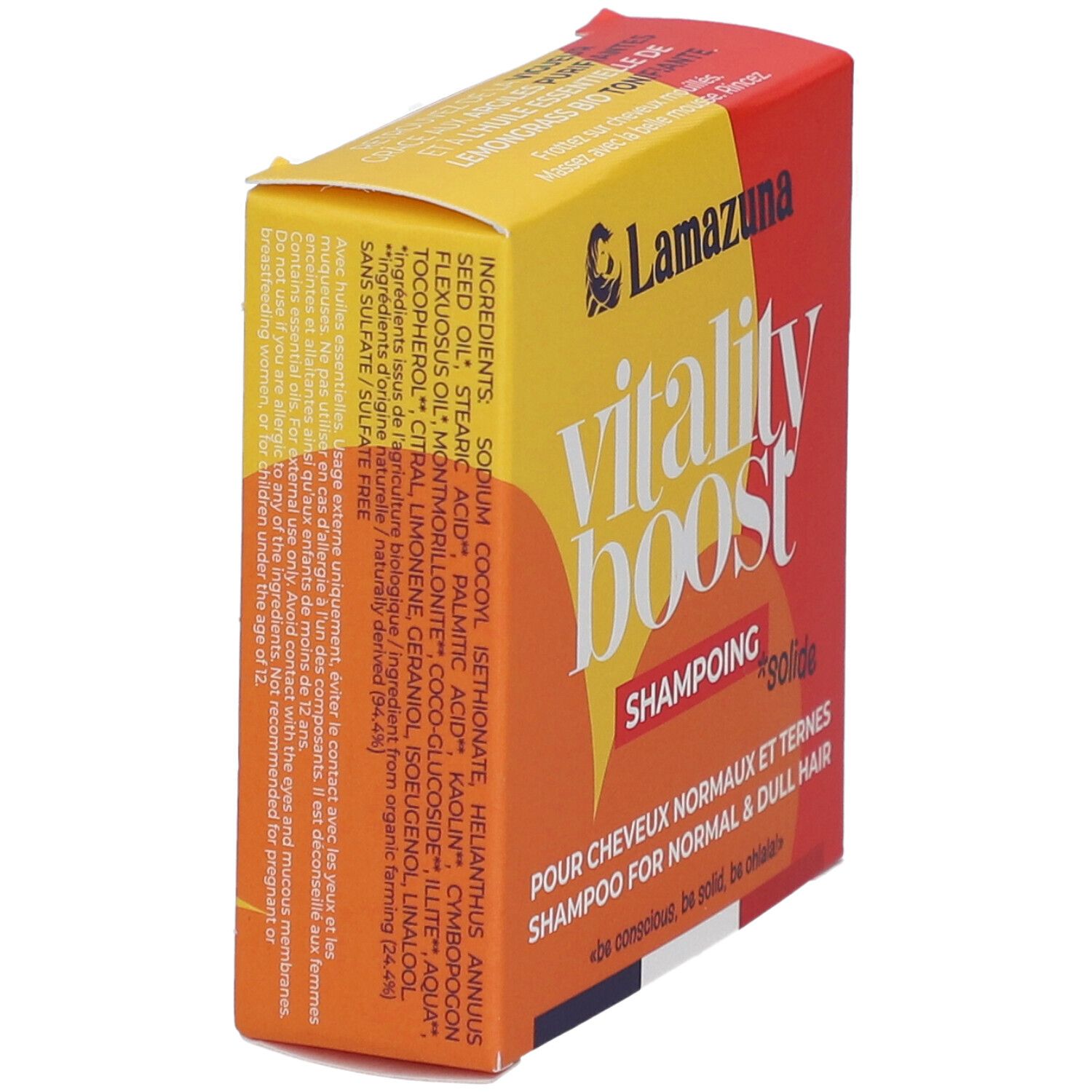Gele en rode doos. Opschrift: vitality boost, Shampoing solide. Voor normaal en dof haar. Ingrediënten.