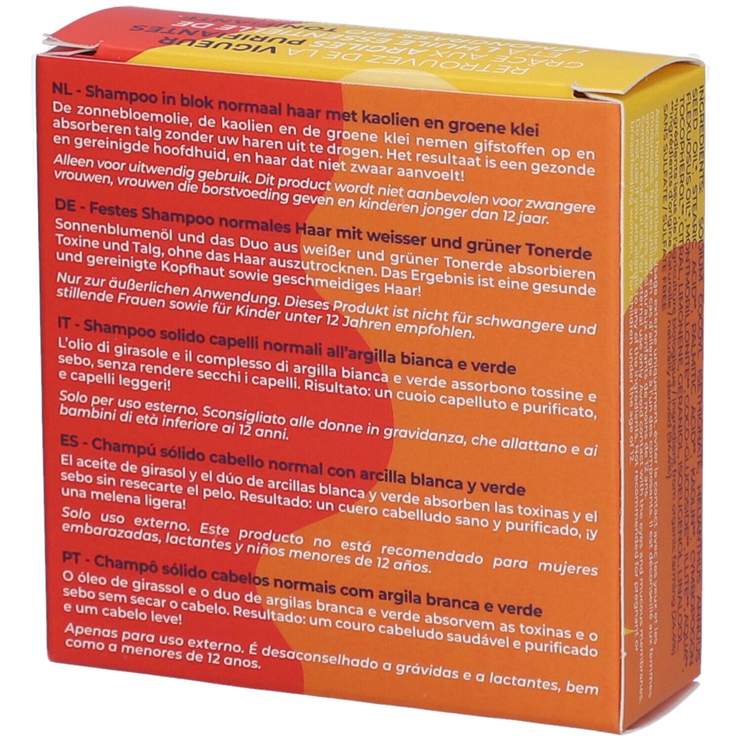 Achterkant van de geel-rode doos. Tekst in het Duits, Nederlands, Italiaans, Spaans en Portugees. Productinformatie.