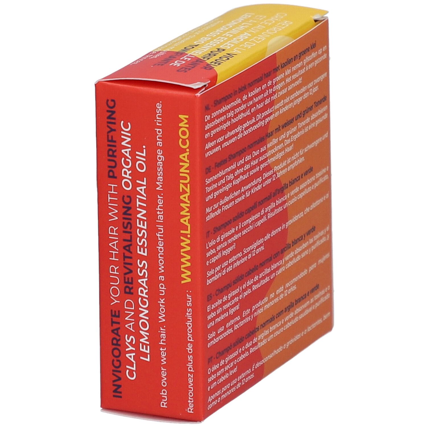 Gele en rode doos. Opschrift: Invigorate your hair with purifying clays and revitalising organic lemongrass essential oil.