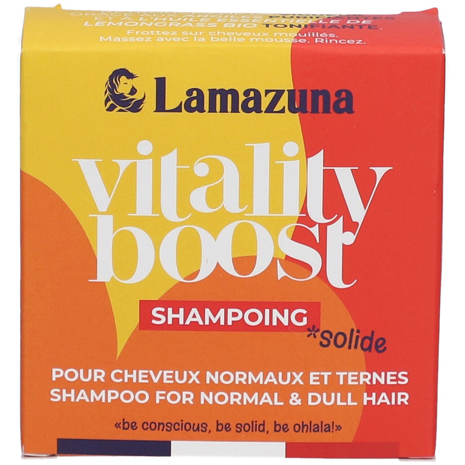 Gele en rode doos. Opschrift: vitality boost, Shampoing solide. Voor normaal en dof haar. Merk: Lamazuna.