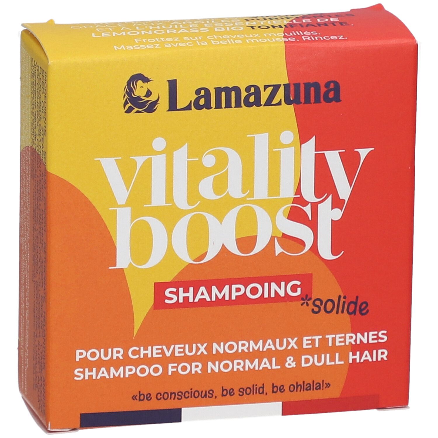Gele en rode doos. Opschrift: vitality boost, Shampoing solide. Voor normaal en dof haar. Merk: Lamazuna.