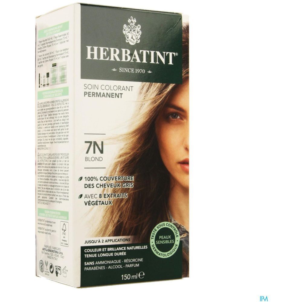 Herbatint Teinture, Teinture capillaire colorante aux extraits végétaux, blond, n° 7N, 2 f