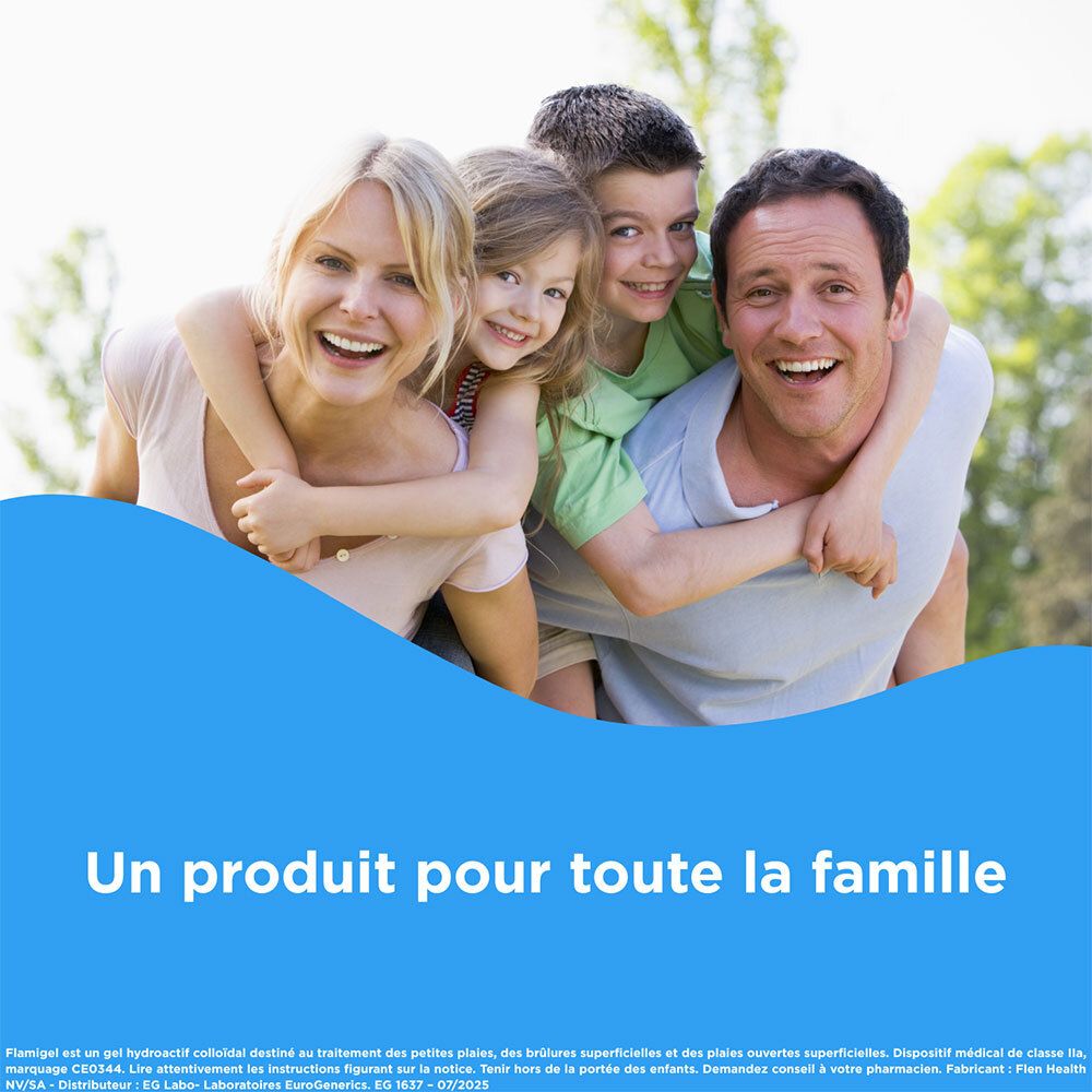 Famille qui s'embrasse. Tube Flamigel. Texte : Un produit pour toute la famille.