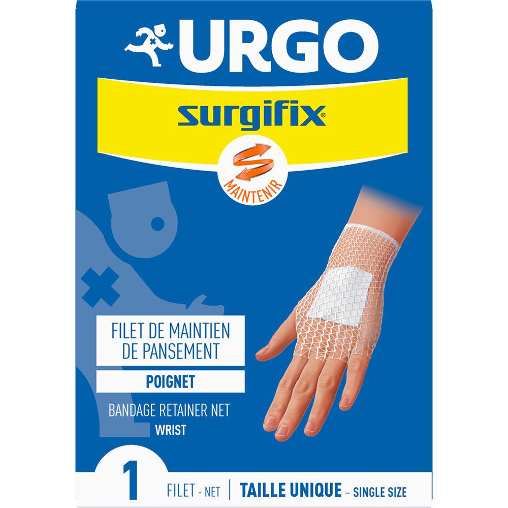 Urgo Surgifix® Filet de Maintien de pansement Poignet. Netverband voor pols. Blauwe verpakking met productafbeelding.