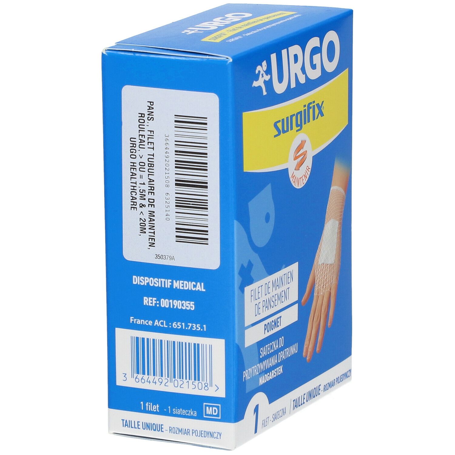 Boîte Urgo bleue, vue latérale. Surgifix pour poignet. Informations produit et code-barres. Marquage CE.