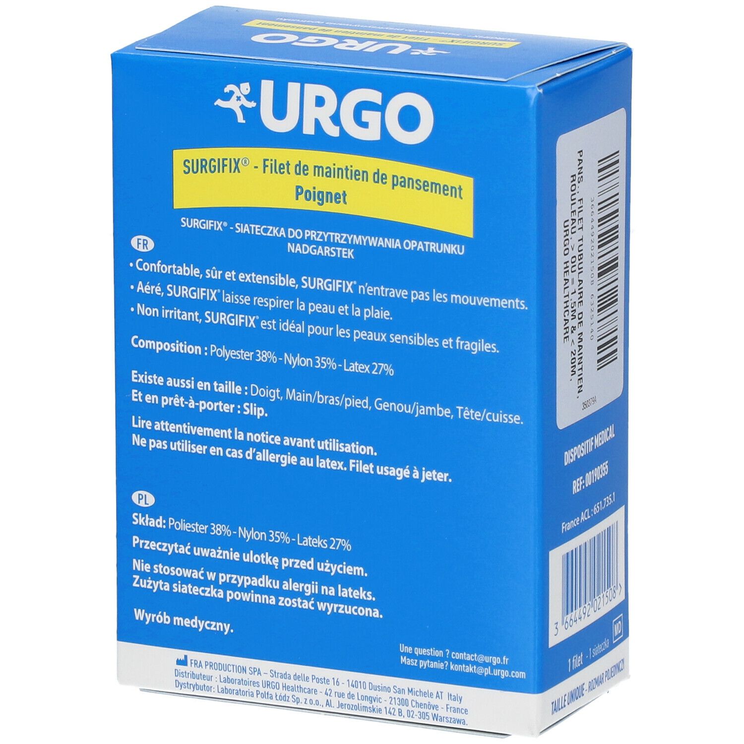 Dos de la boîte Urgo bleue. Surgifix pour poignet. Description du produit et ingrédients. Marquage CE.