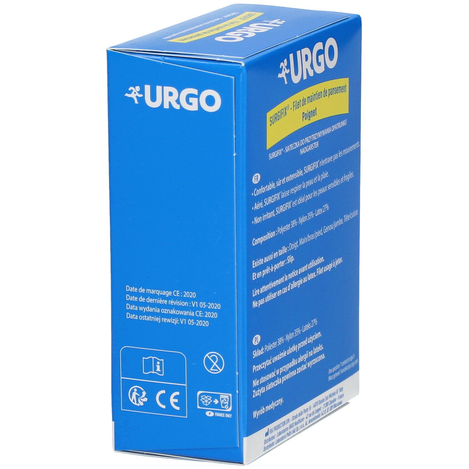 Boîte Urgo bleue, vue latérale. Surgifix pour poignet. Marquage CE et informations produit.