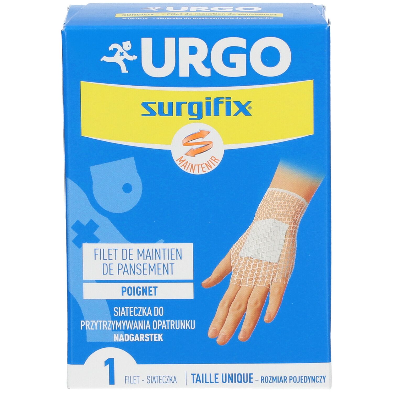 Boîte Urgo bleu et jaune. Surgifix pour poignet. Illustration d'une main avec pansement. Marquage CE.