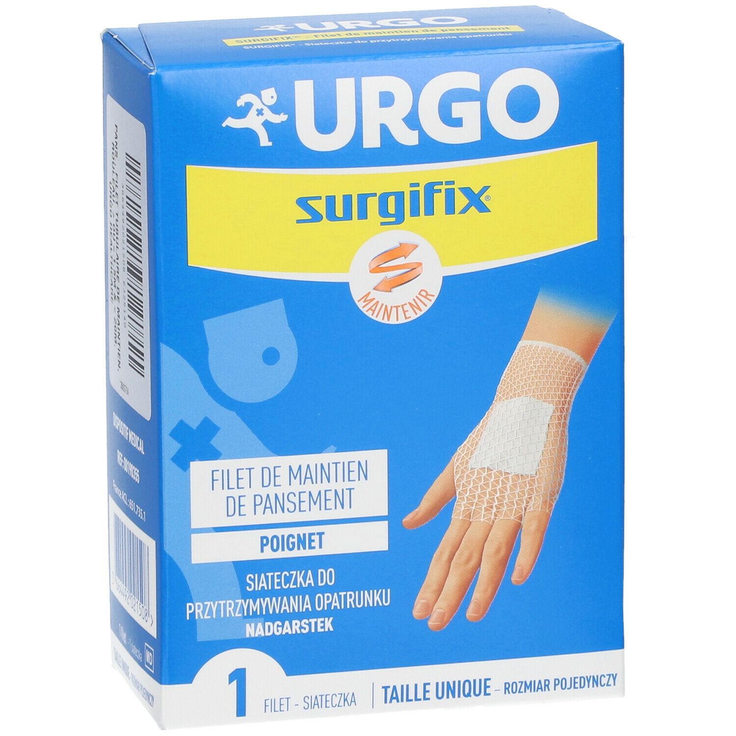 Boîte Urgo bleu et jaune. Surgifix pour poignet. Illustration d'une main avec pansement. Marquage CE.
