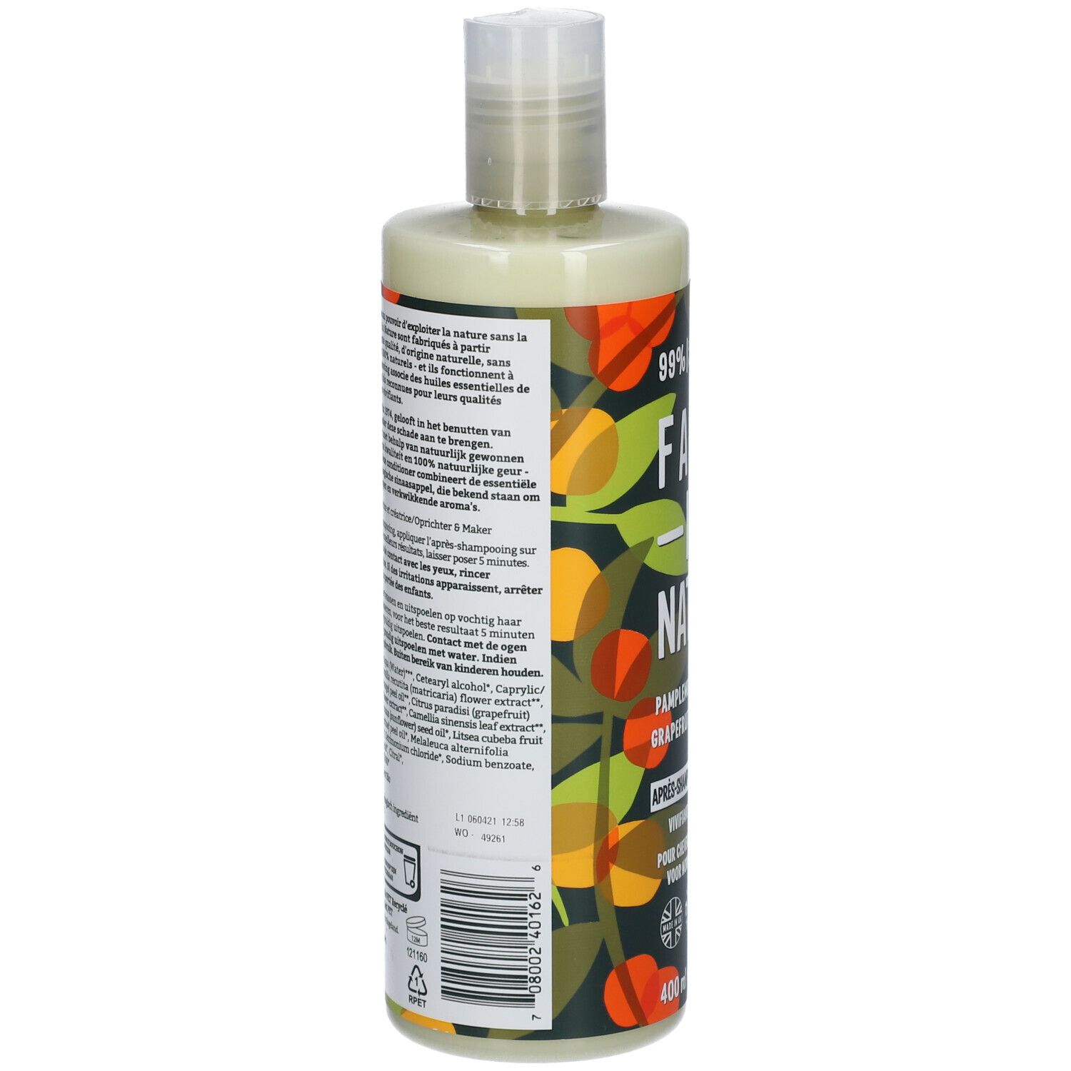 Dos du flacon de revitalisant. FAITH IN NATURE. Ingrédients et instructions. 400 ml. 99% d'origine naturelle.