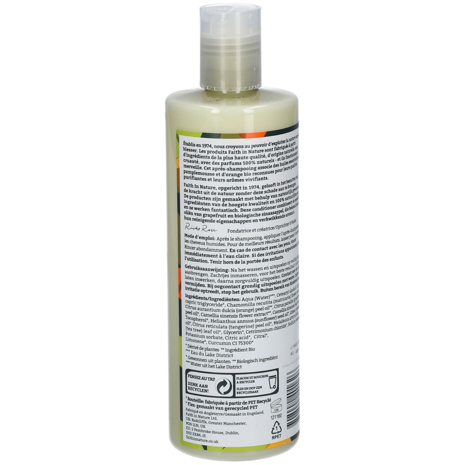 Dos du flacon de revitalisant. FAITH IN NATURE. Ingrédients et instructions. 400 ml. 99% d'origine naturelle.