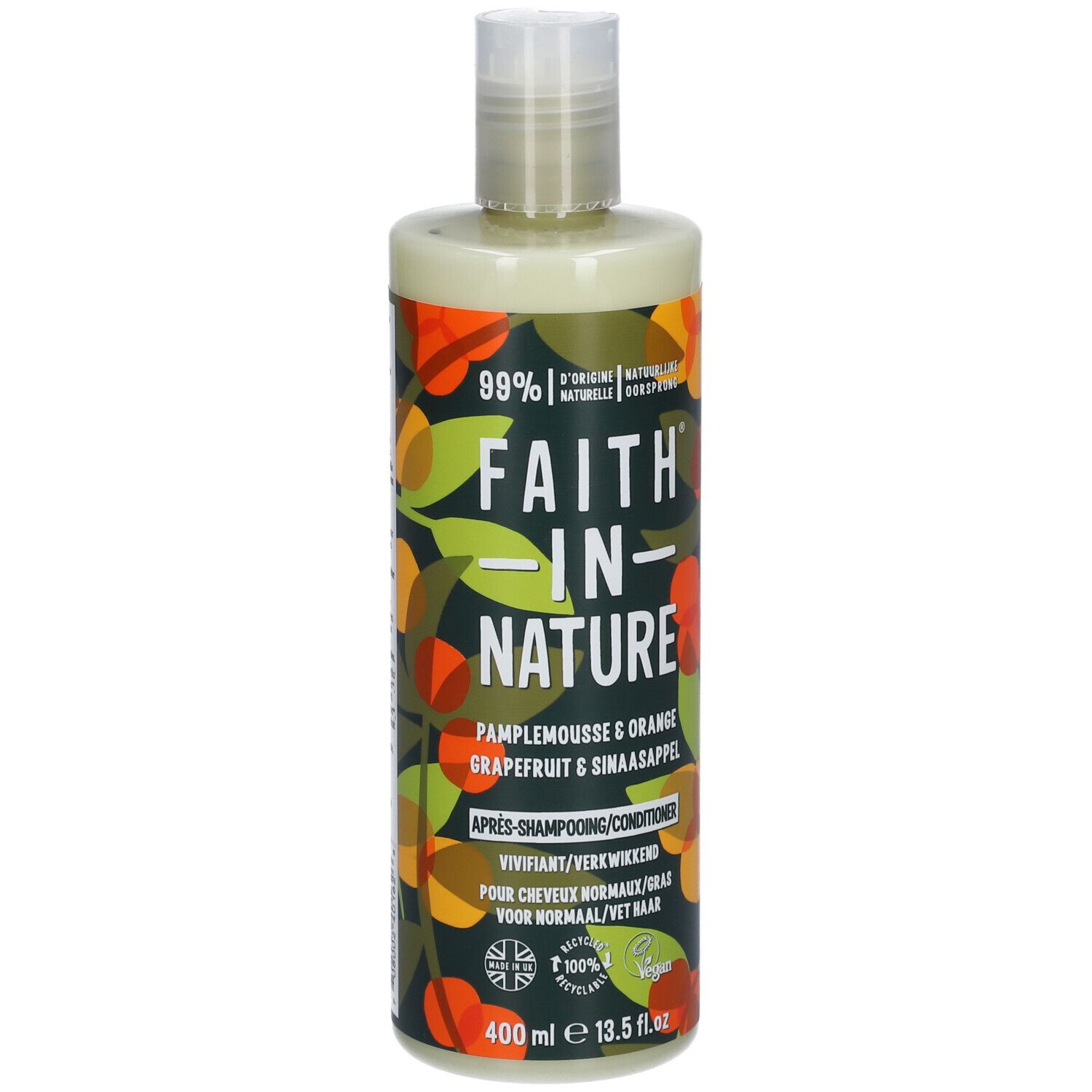 Flacon de revitalisant. FAITH IN NATURE. Pamplemousse & Orange. 400 ml. Pour cheveux normaux/gras. 99% d'origine naturelle.