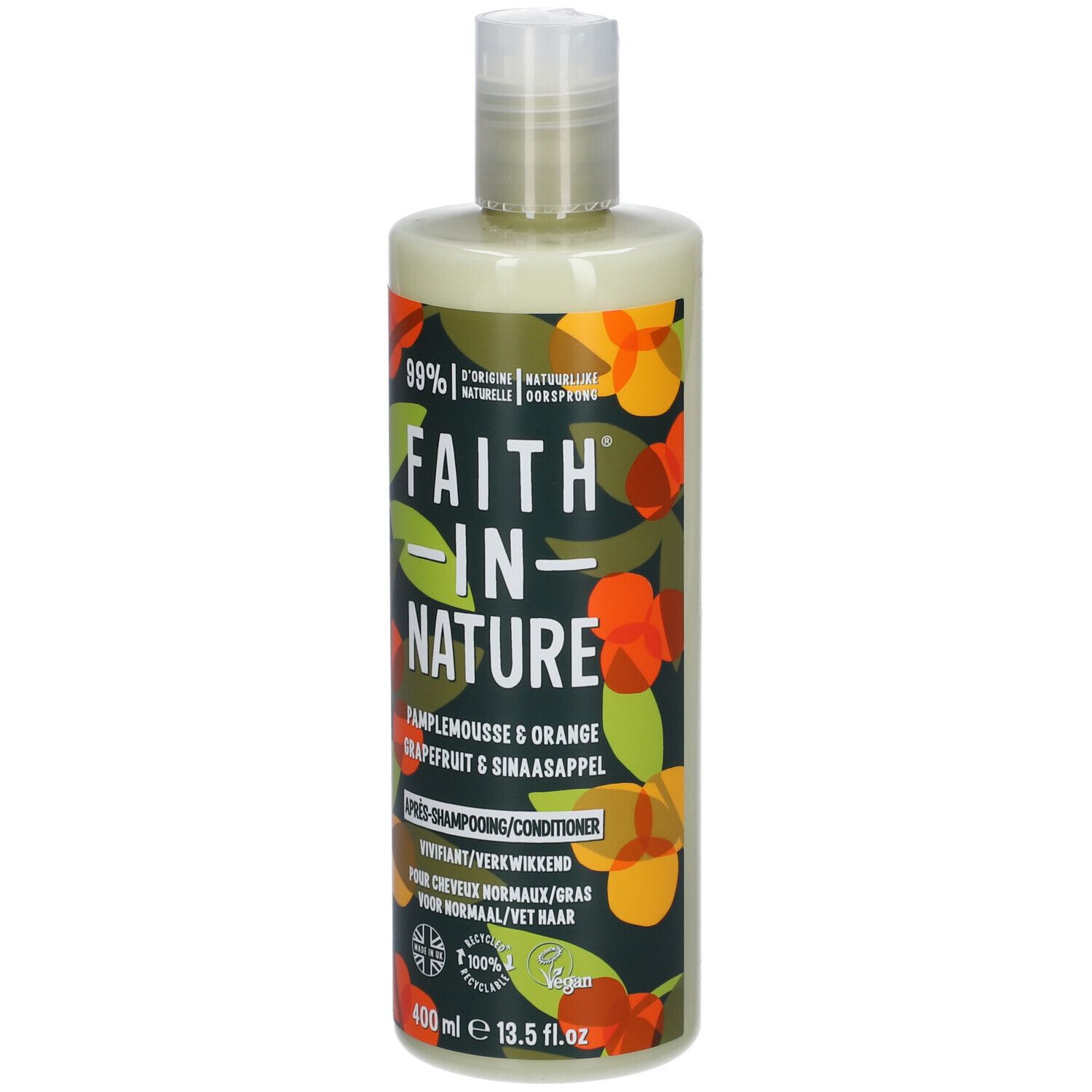 Flacon de revitalisant. FAITH IN NATURE. Pamplemousse & Orange. 400 ml. Pour cheveux normaux/gras. 99% d'origine naturelle.