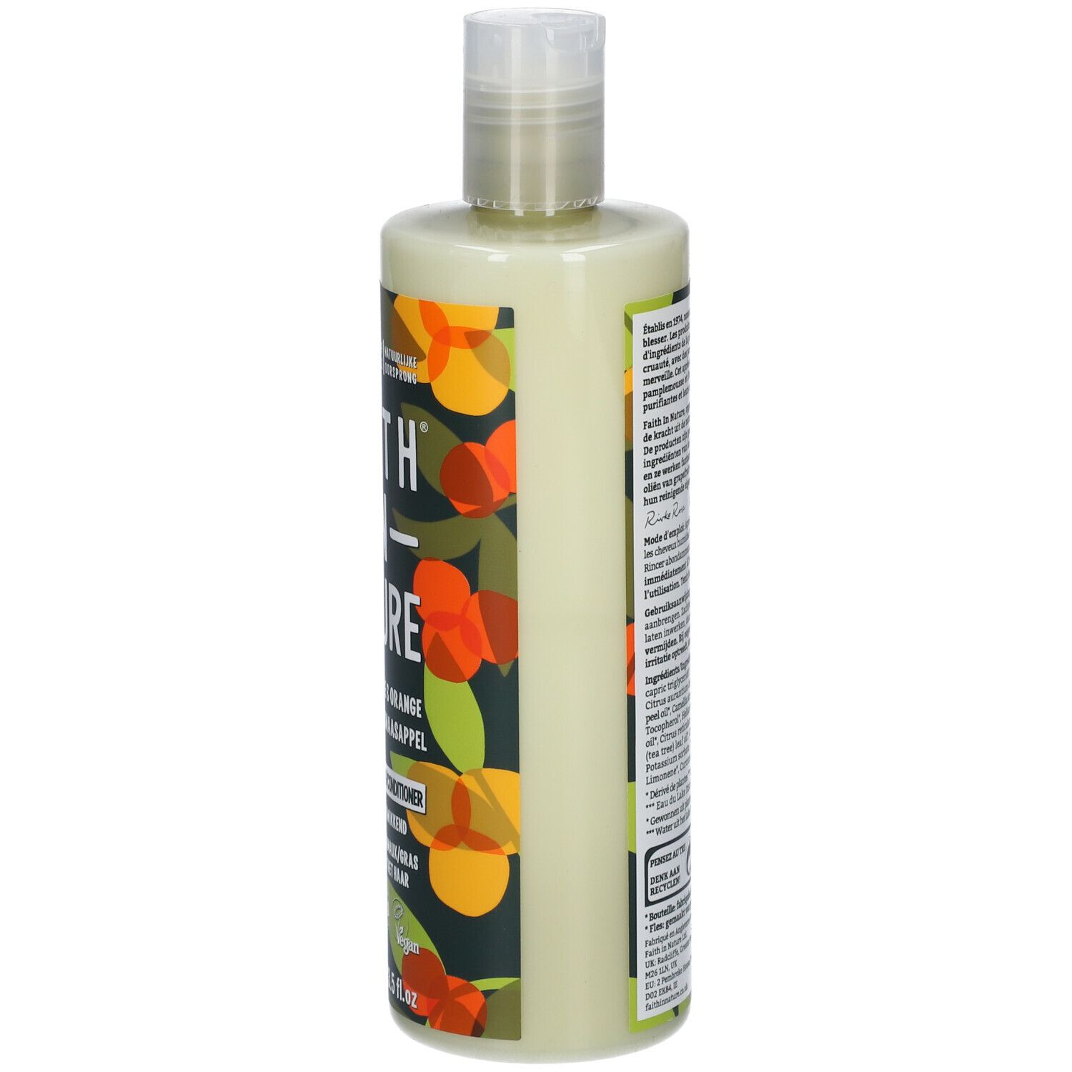 Côté du flacon de revitalisant. FAITH IN NATURE. Pamplemousse & Orange. 400 ml. 99% d'origine naturelle.