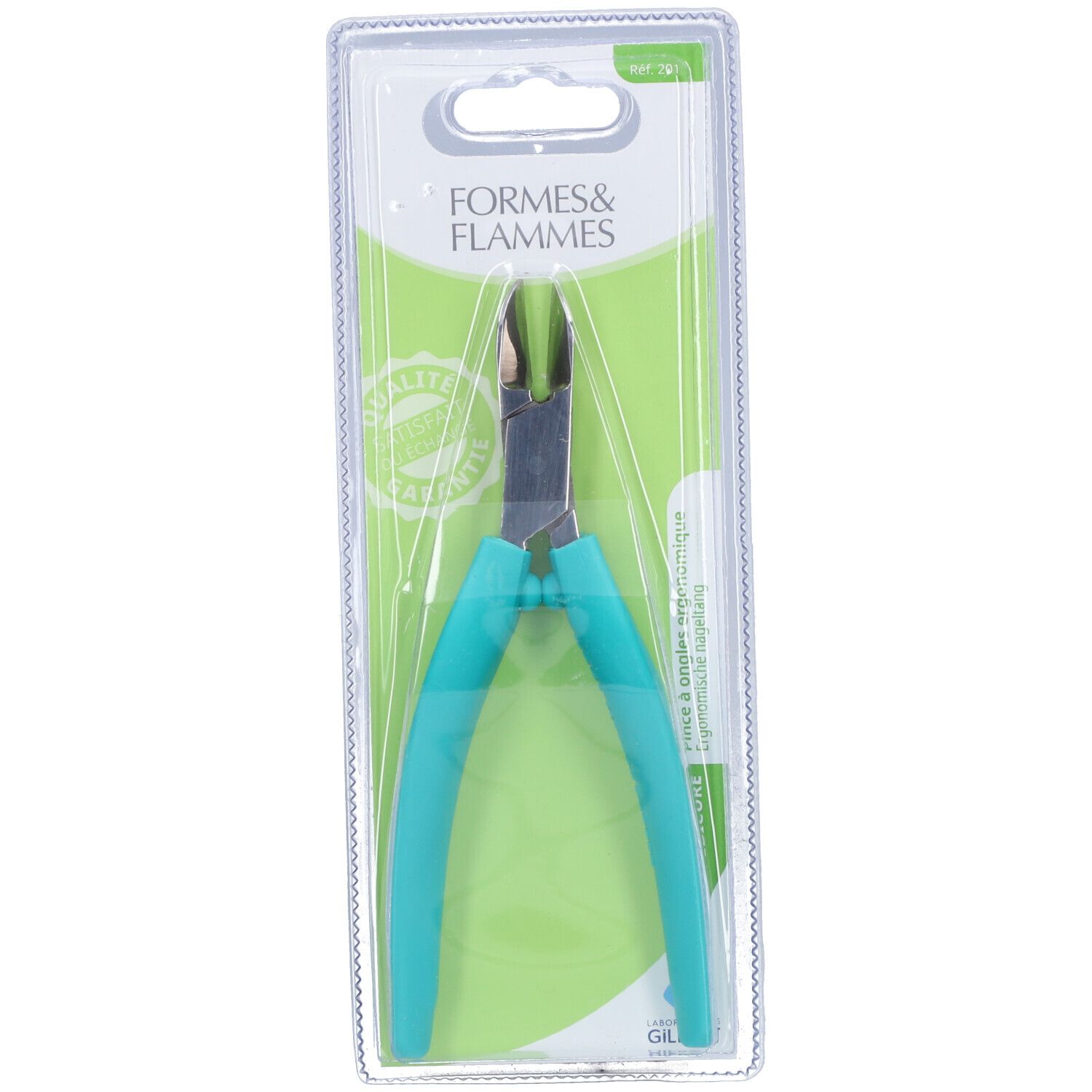 Ergonomische nagelknipper in blisterverpakking. Turquoise handgreep, zilverkleurige snede. Merk FORMES & FLAMMES.