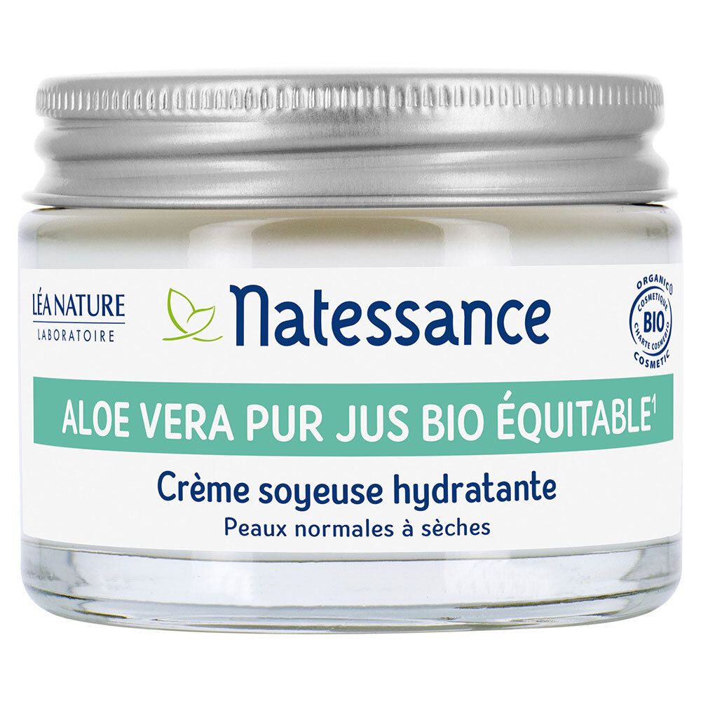 Crèmepot met deksel. Opschrift: Natessance, Aloe Vera, Crème soyeuse hydratante. Bio-certificering.
